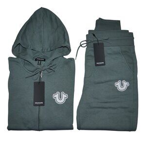 True Religion Men's Sweatsuit 2 PC Fleece Tracksuit Hoodie Joggers Balsam Green